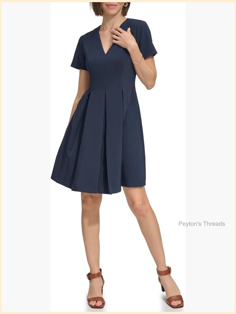 Short Sleeve V-Neck Pleated Skirt Fit & Flare Mini Dress